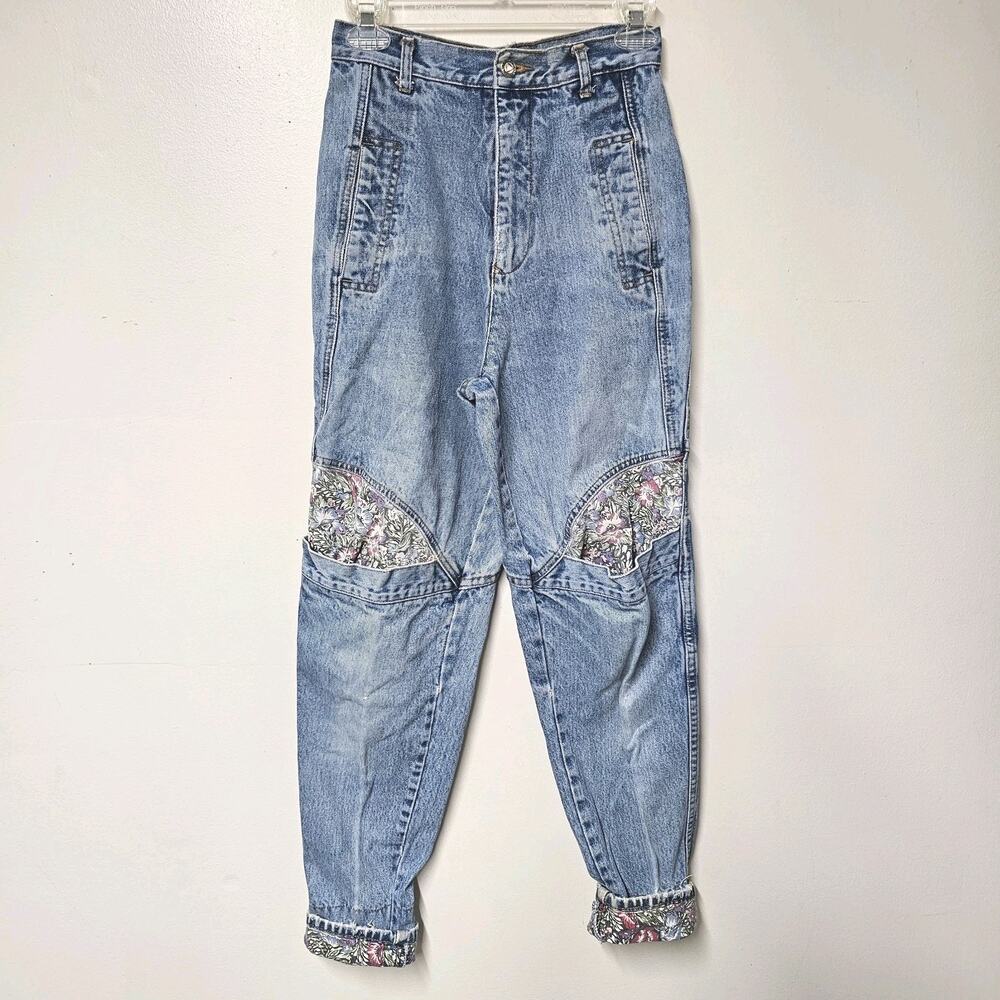Ladies Manisha Sz 7 Jeans Faded Blue Tapered Leg Floral Cuffs Knees 80s Grunge